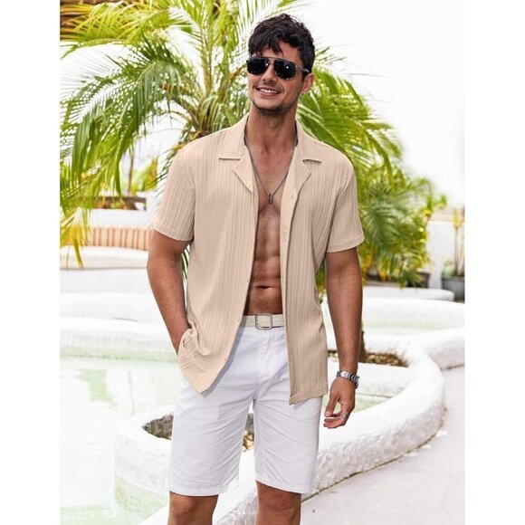 ❤️Men's Brown Shirts Short Sleeve Casual  Button Down Shirt Summer Beach Shirt - Picture 2 of 7